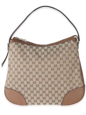 Gucci Bree Large GG Canvas Hobo Bag Brown Leather Trim Gold Hardware Authentic